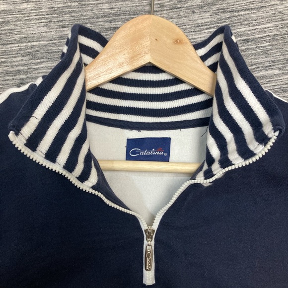 Catalina Men’s NavyBlue Sweater with 1/4 Zip with White stripes MockNeck Sleeves - Picture 3 of 4